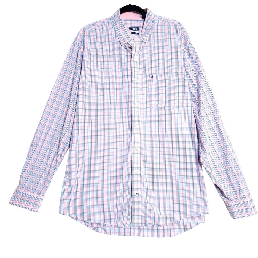 IZOD Button Down Shirt Mens XLT Pink Blue White Plaid Long Sleeve Casual Easy